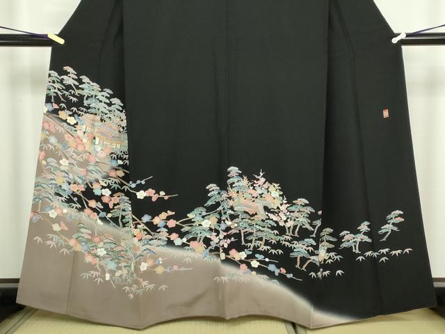 平和屋着物■豪華黒留袖 友禅 作家物 風景文 松竹梅 金彩 正絹 逸品 DABC0311sf
