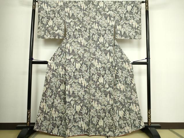 平和屋着物■上質な小紋 枝葉文 鮫小紋柄 黒地 正絹 逸品 DABC0335sf