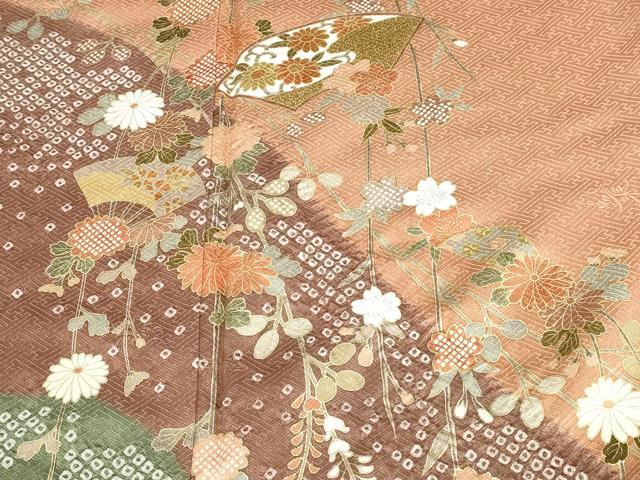 平和屋着物■訪問着 絞り 地紙枝垂れ花文 金彩 正絹 逸品 DABC0515sf
