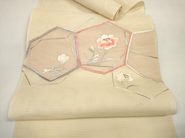 平和屋着物*夏物 西陣 一秀織物 名古屋帯 帯反物 駒刺繍 総刺繍 亀甲花文 銀糸 証紙付き 逸品 未使用 DABC1147zzz
