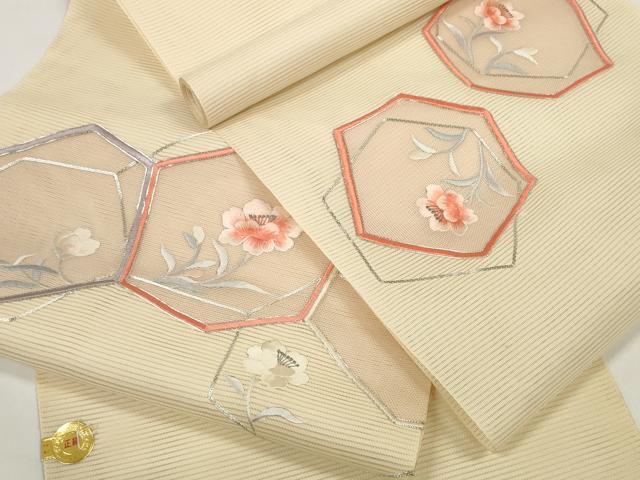 平和屋着物*夏物 西陣 一秀織物 名古屋帯 帯反物 駒刺繍 総刺繍 亀甲花文 銀糸 証紙付き 逸品 未使用 DABC1147zzz