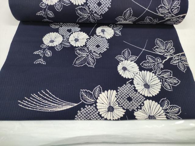 平和屋着物*夏物 浴衣 反物 着尺 縦絽 菊 紺地 綿 逸品 未使用 DABC1164zzz