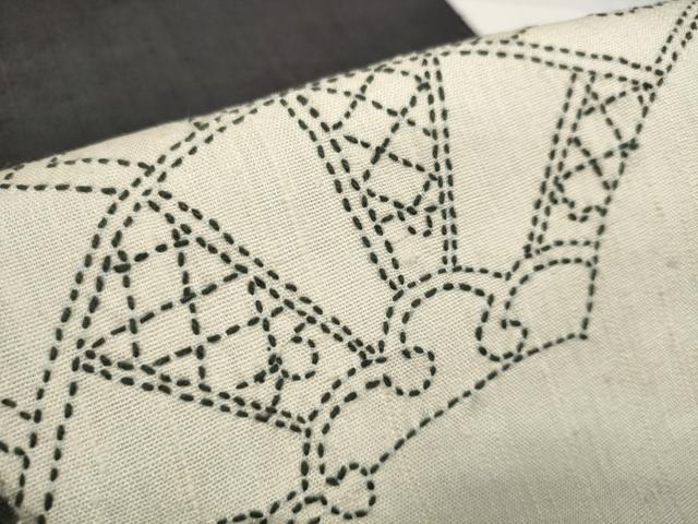 平和屋着物●名古屋帯 帯反物 刺し子 刺繍 紬地 流水片輪車文 逸品 未使用 DABC1529zzz