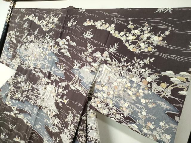 平和屋着物●訪問着 流水源氏車草花文 金彩 鬼しぼ縮緬 正絹 逸品 DABC2019ud