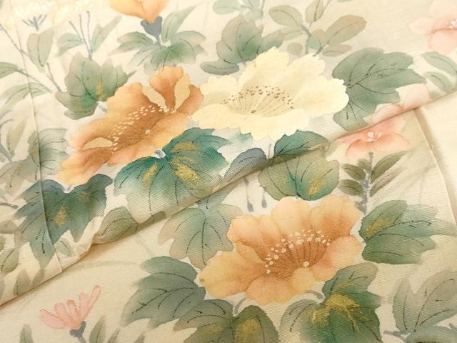 平和屋着物●訪問着 紬地 手描き 草花文 正絹 逸品 DABC2032ud