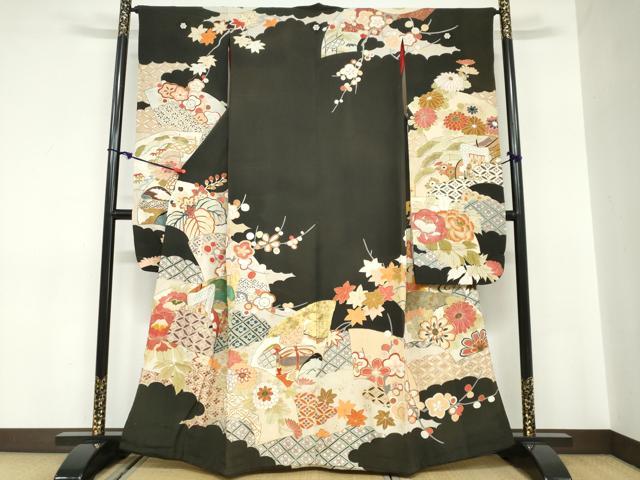 平和屋着物●アンティーク 大正ロマン 振袖 駒刺繍 雲取り御所車草花文 黒地 金彩 逸品 DABC2038ud