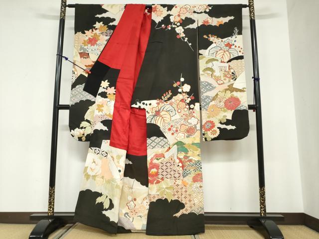 平和屋着物●アンティーク 大正ロマン 振袖 駒刺繍 雲取り御所車草花文 黒地 金彩 逸品 DABC2038ud