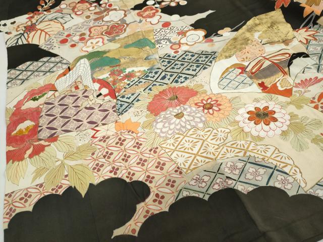 平和屋着物●アンティーク 大正ロマン 振袖 駒刺繍 雲取り御所車草花文 黒地 金彩 逸品 DABC2038ud