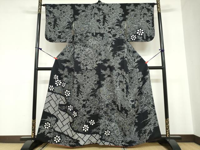 平和屋着物●訪問着 絞り 流水草花文 黒地 正絹 逸品 DABC2056ud