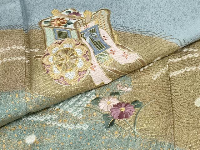 平和屋着物●訪問着 駒刺繍 御所車草花文 金彩 正絹 逸品 DABC2065ud