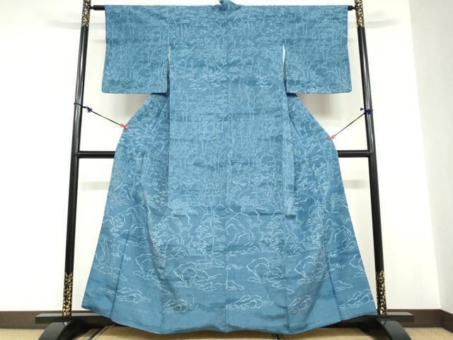 平和屋着物●訪問着 お召地 藍 型染め 風景樹林文 正絹 逸品 DABC2089ud