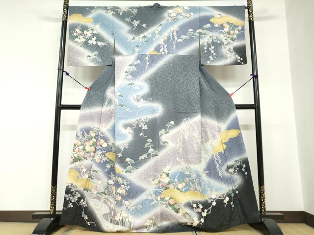 平和屋着物●訪問着 流水草花文 暈し染め 金彩 金通し地 正絹 逸品 DABC2192ud