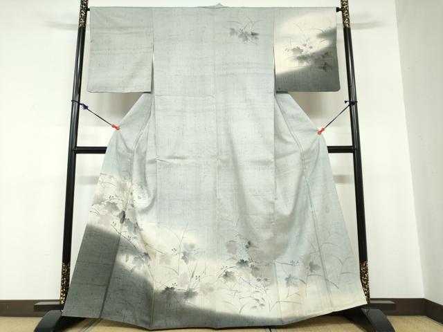 平和屋着物●訪問着 作家物 生紬 手描き 草花文 金彩 正絹 逸品 DABC2205ud