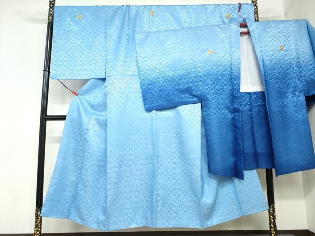 平和屋着物●男性 色紋付 長羽織セット 宝尽くし格子地紋 天色 キングサイズ 洗える着物 DABC2370ud