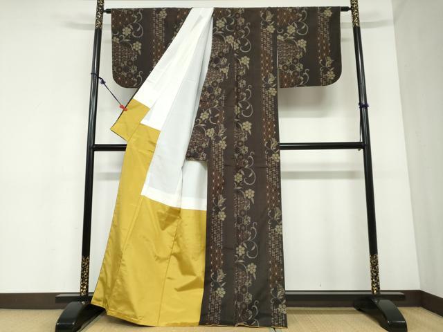 平和屋着物●上質な紬 更紗花唐草間道 正絹 逸品 DABC2394ud