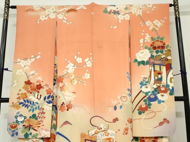平和屋本店●アンティーク 大正ロマン 振袖 刺繍 御所車草花文 暈し染め 金糸 逸品 DABC2403ud