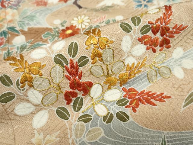 平和屋着物●染刺工芸 大羊居 東京友禅 色留袖 駒刺繍 流水風景草花文 暈し染め 金糸 正絹 逸品 DABC2416ud