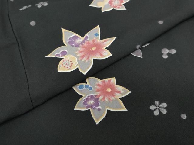 平和屋着物●小紋 舞葉草花文 黒地 洗える着物 未使用 DABC2463ud
