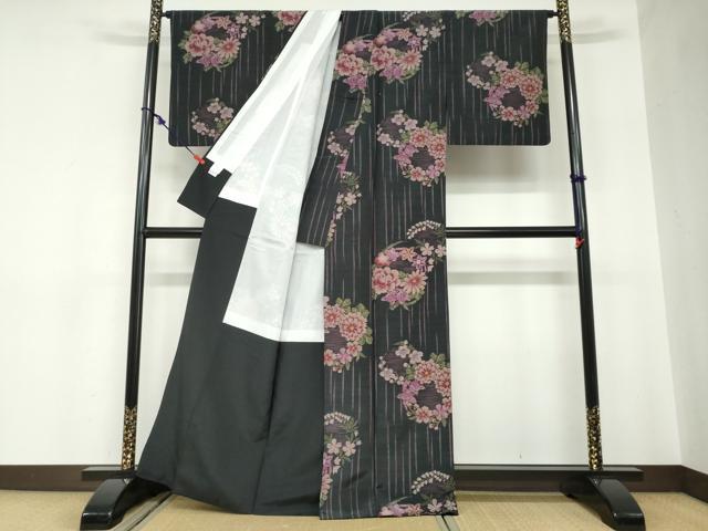 平和屋着物●小紋 草花丸文 黒地 洗える着物 DABC2525ud