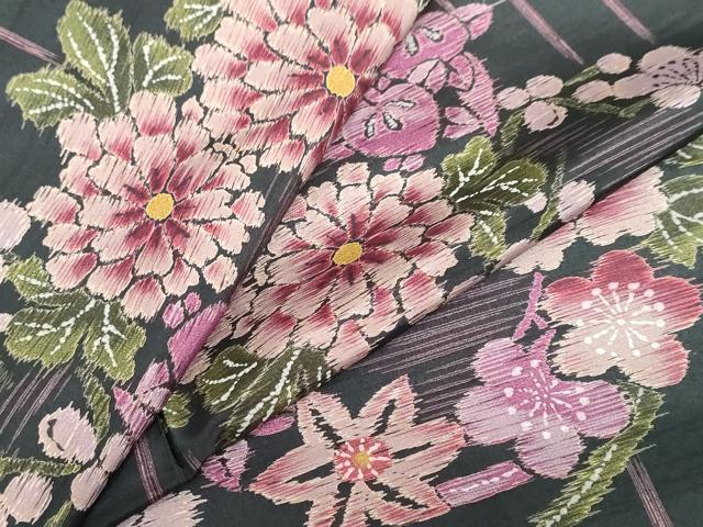 平和屋着物●小紋 草花丸文 黒地 洗える着物 DABC2525ud