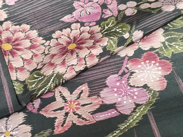 平和屋着物●小紋 草花丸文 黒地 洗える着物 DABC2525ud