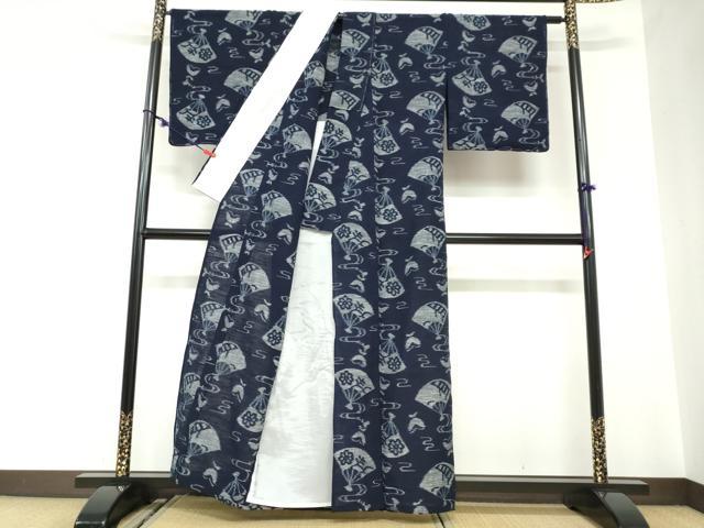 平和屋着物●小紋 単衣 正藍絣 扇面花蝶文 反端付き 綿 逸品 DABC2557ud