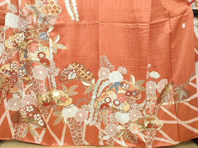平和屋着物●十日町老舗ブランド 吉澤友禅 吾妻徳穂 振袖 駒刺繍 鹿の子草花文 金彩 大丸扱い 正絹 逸品 DABC2559ud