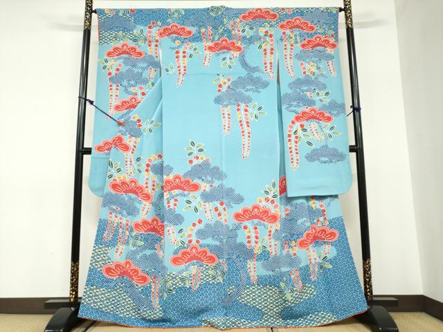 平和屋着物●和染紅型 栗山紅型 栗山吉三郎 振袖 エ霞藤松文 鬼しぼ縮緬 正絹 逸品 DABC2561ud
