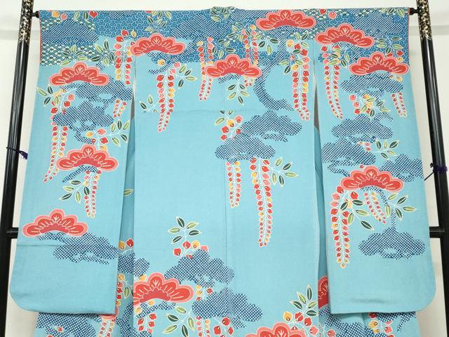 平和屋着物●和染紅型 栗山紅型 栗山吉三郎 振袖 エ霞藤松文 鬼しぼ縮緬 正絹 逸品 DABC2561ud