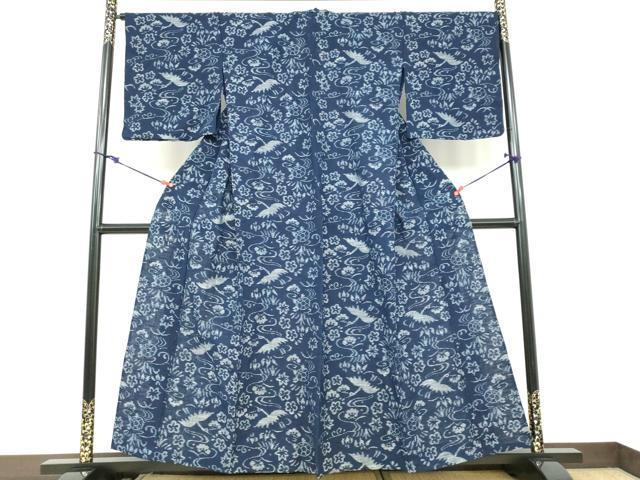 平和屋着物●小紋 単衣 正藍絣 飛鶴草花文 反端付き 綿 逸品 DABC2567ud