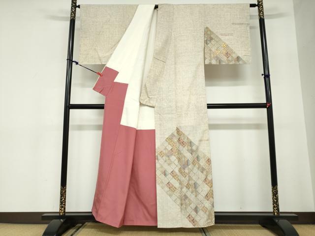 平和屋着物●訪問着 紬地 菱文 金彩 正絹 逸品 DABC2624ud