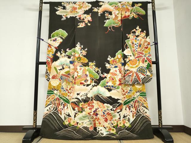平和屋本店●アンティーク 大正ロマン 振袖 駒刺繍 扇面御所車飛鶴草花文 黒地 金彩 正絹 逸品 DABC2625ud