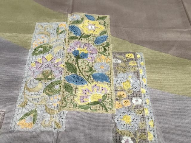 平和屋着物●中国三大刺繍 汕頭刺繍 総刺繍 訪問着 本場大島紬地 短冊草花文 正絹 逸品 未使用 DABC2632ud