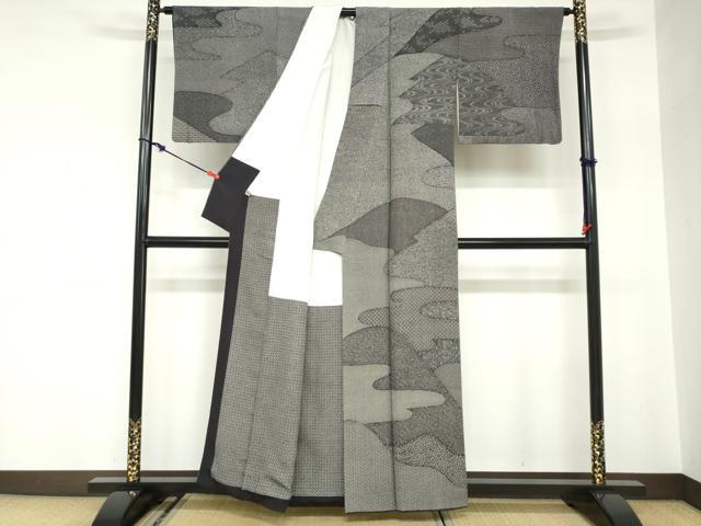 平和屋着物●重要無形文化財 人間国宝 中村勇二郎 江戸小紋 訪問着 霞遠山吉祥花文 黒地 正絹 逸品 DABC2654ud