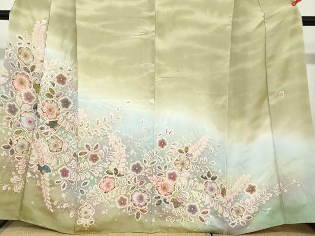 平和屋着物●越後十日町の一流染匠 桐屋・翠山工房 訪問着 絞り 辻が花 暈し染め 銀通し地 正絹 逸品 DABC2659ud