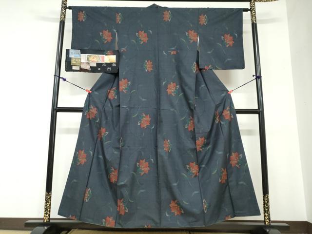 平和屋着物●都喜ヱ門 本場大島紬 泥染め 藍・愛織璃 何日か見た花 証紙付き 藤絹織物謹製 正絹 逸品 DABC2670ud