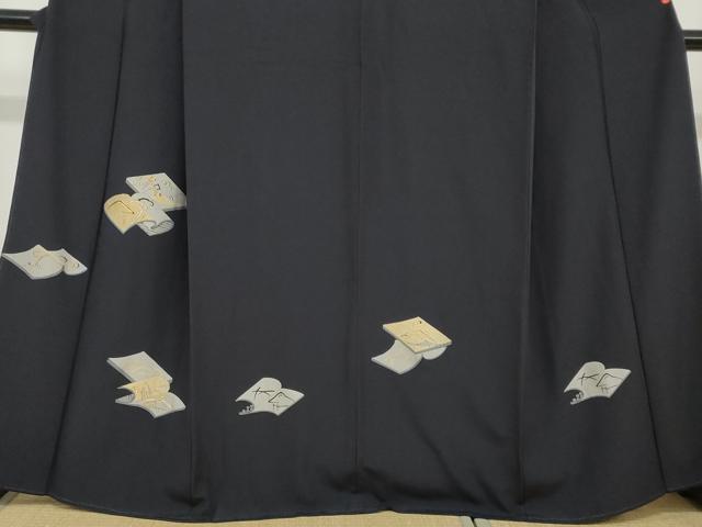 平和屋着物●豪華色留袖 駒刺繍 冊子草花文 藍鉄色 金彩 正絹 逸品 DABC2671ud