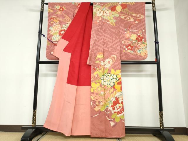 平和屋本店●アンティーク 大正ロマン 小振袖 二尺袖 駒刺繍 草花文 金彩 正絹 逸品 DABC2675ud