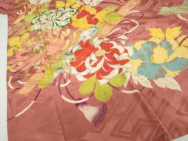 平和屋本店●アンティーク 大正ロマン 小振袖 二尺袖 駒刺繍 草花文 金彩 正絹 逸品 DABC2675ud
