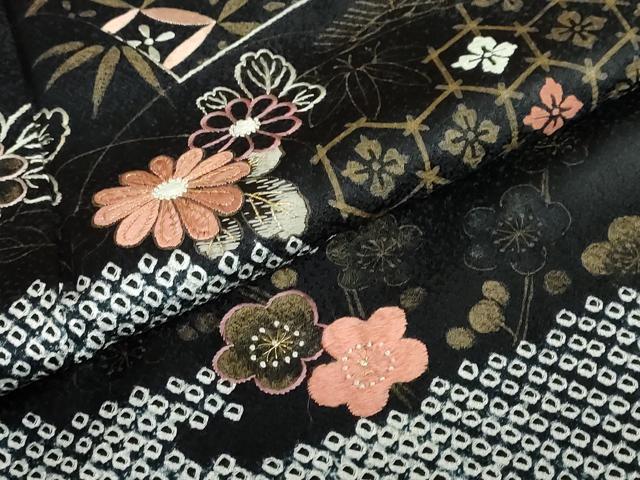 平和屋着物●訪問着 絞り 手描き 刺繍 エ霞吉祥草花文 黒地 金彩 正絹 逸品 DABC2705ud