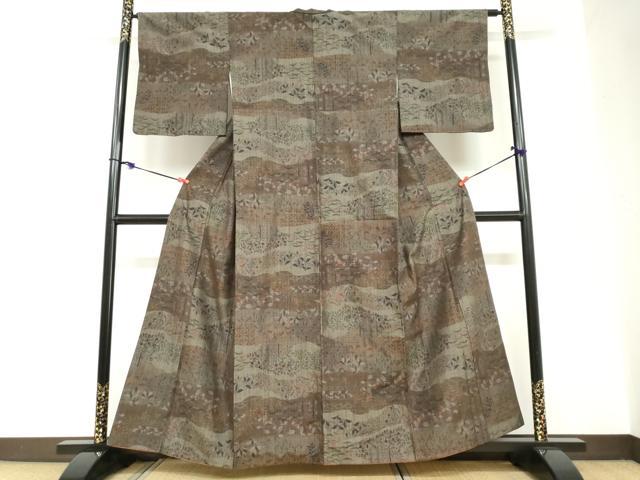 平和屋着物●小千谷紬 横段草花文 正絹 逸品 DABC2728ud