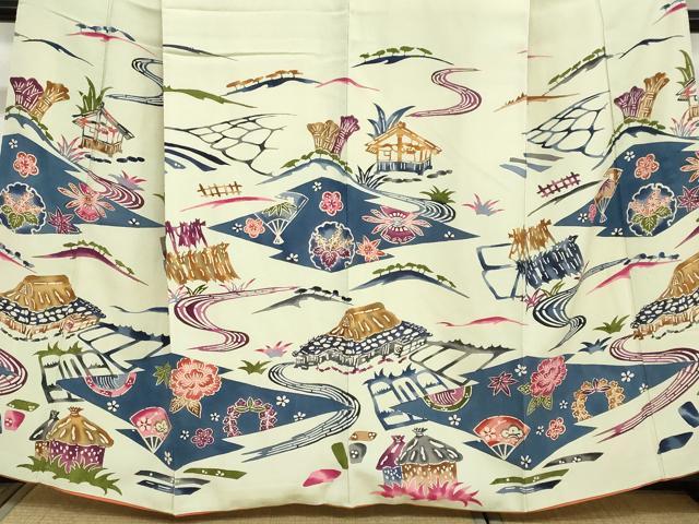 平和屋着物●訪問着 型染め 流水風景草花文 正絹 逸品 DABC2730ud