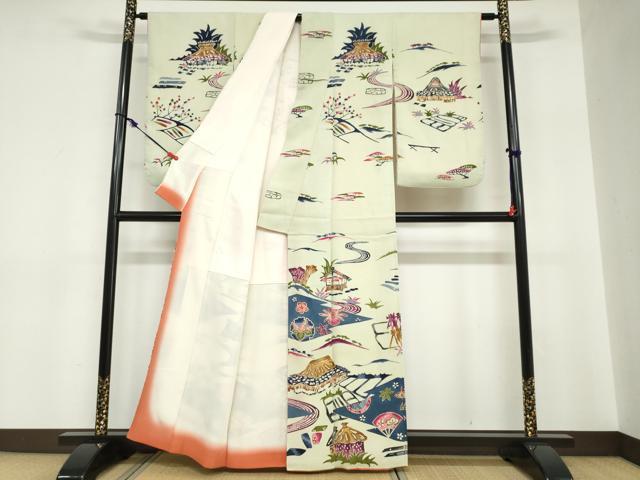平和屋着物●訪問着 型染め 流水風景草花文 正絹 逸品 DABC2730ud