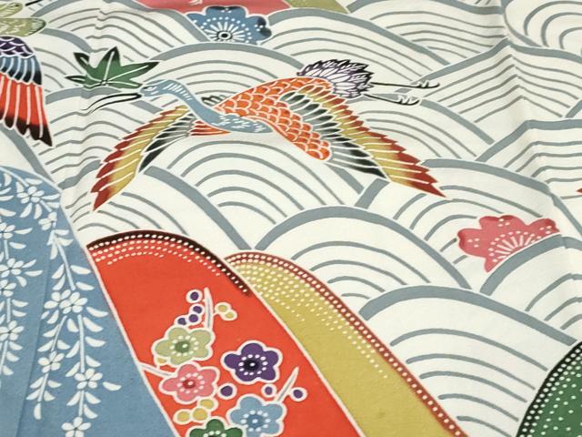平和屋着物●豪華振袖 型染め 飛鶴青海波草花文 正絹 逸品 DABC2744ud