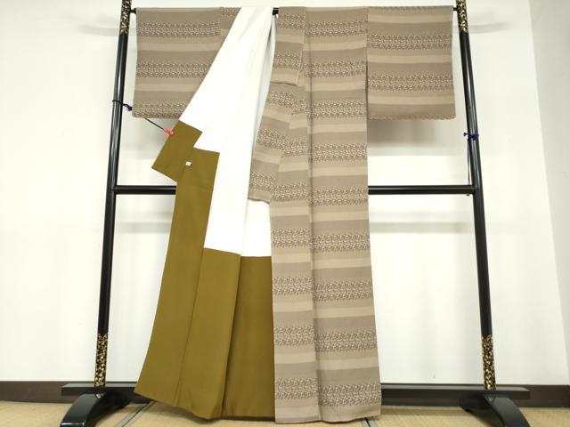 平和屋着物●上質なお召 横段草葉文 正絹 逸品 未使用 DABC2745ud