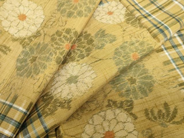 平和屋着物●上質な紬 市松草花文 正絹 逸品 DABC2748ud