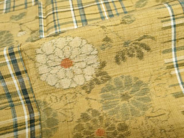 平和屋着物●上質な紬 市松草花文 正絹 逸品 DABC2748ud