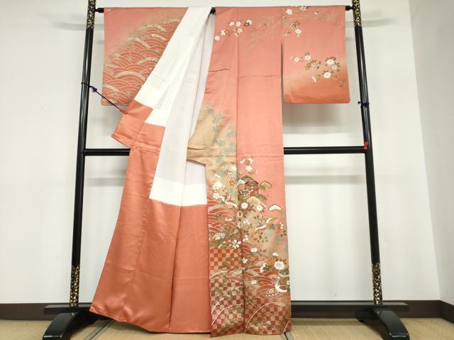 平和屋着物●訪問着 駒刺繍 貝桶飛鶴草花文 金彩 正絹 逸品 DABC2754ud