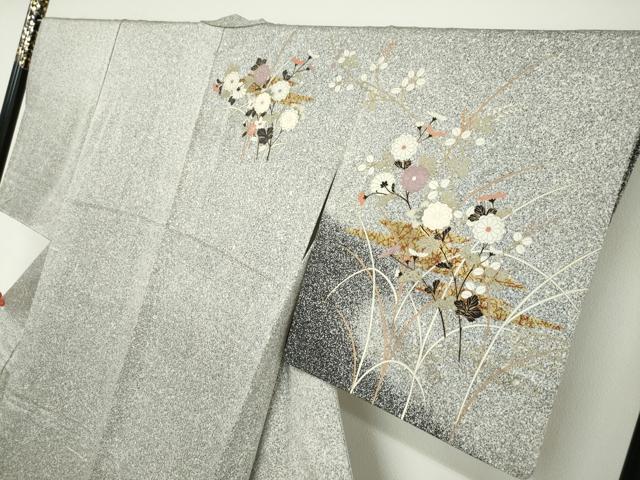 平和屋着物●訪問着 エ霞草花文 たたき染め 黒地 金彩 正絹 逸品 DABC2764ud