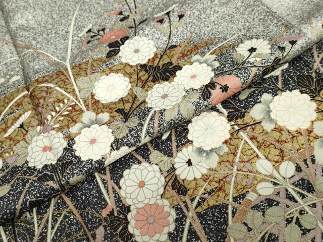平和屋着物●訪問着 エ霞草花文 たたき染め 黒地 金彩 正絹 逸品 DABC2764ud
